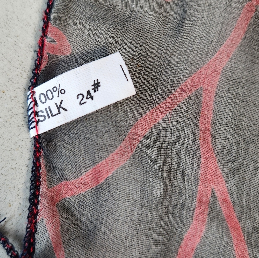 Navy Chiffon Silk Scarf with Red Vine Print - Picture 5 of 8